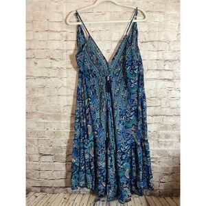 MT Collection Silk Boho‎ Dress One Size Blue Paisley Tassels Adjustable Waist